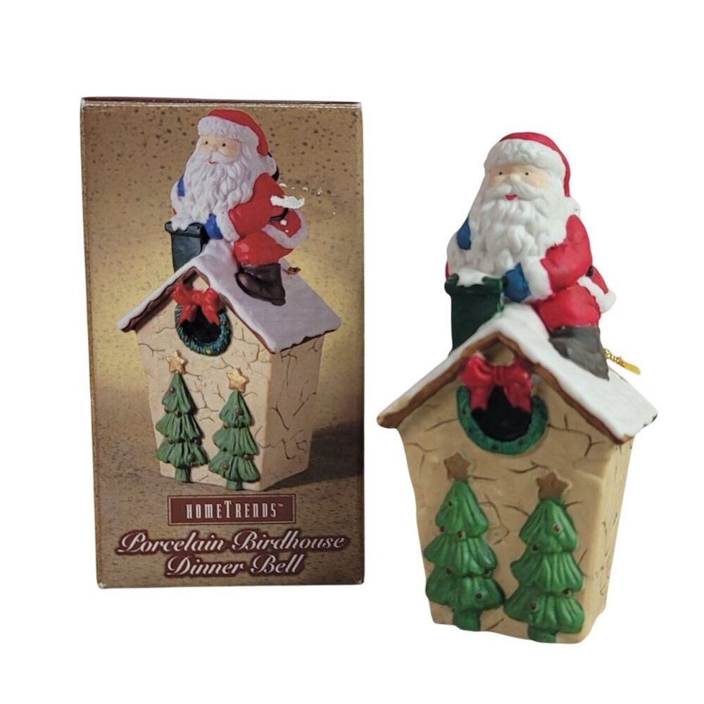Home Trends Porcelain Birdhouse Dinner Bell 5.5" Santa Claus Christmas Snow NEW
